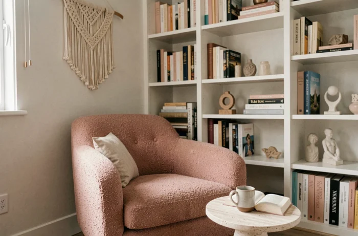Coin lecture cosy avec fauteuil bouclé rose poudré, bibliothèque intégrée en bois et table d'appoint en travertin dans une chambre décorée avec soin