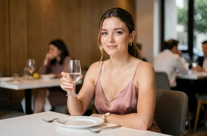 Portrait d'une jeune femme élégante dans un restaurant parisien haut de gamme, compagne d'un célèbre rappeur français