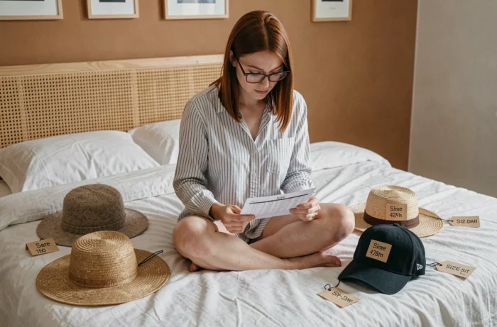 Jeune femme comparant différentes tailles de chapeaux avec un guide des tailles sur un lit
