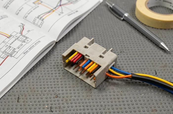 Connecteur de câblage ISO pour autoradio Peugeot 207 avec fils colorés codifiés posé sur un établi d'atelier automobile