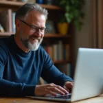 Homme d'âge moyen se connectant à son espace personnel FDJ sur un ordinateur portable depuis son bureau à domicile
