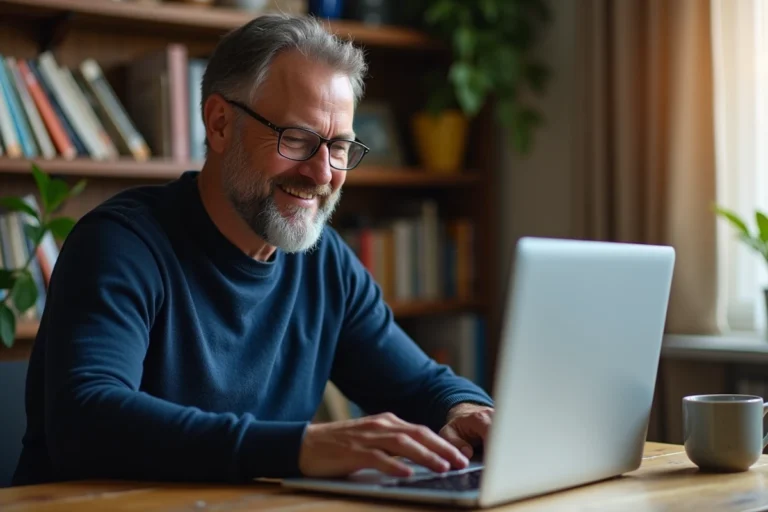 Homme d'âge moyen se connectant à son espace personnel FDJ sur un ordinateur portable depuis son bureau à domicile