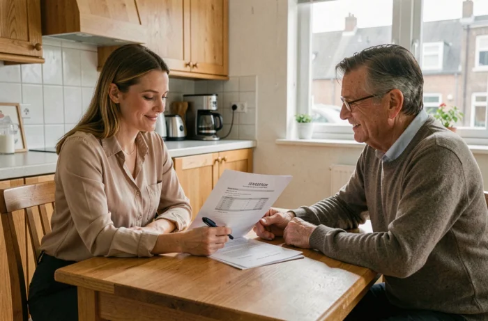 Conseillère en chauffage présentant un devis à des propriétaires dans une maison bruxelloise