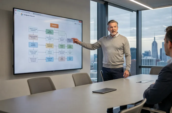 Consultant présentant le plan du site d'une agence sur un écran tactile lors d'une réunion professionnelle