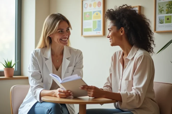 Nutritionniste et patiente examinant ensemble un guide de bien-être lors d'une consultation dans un cabinet de santé accueillant