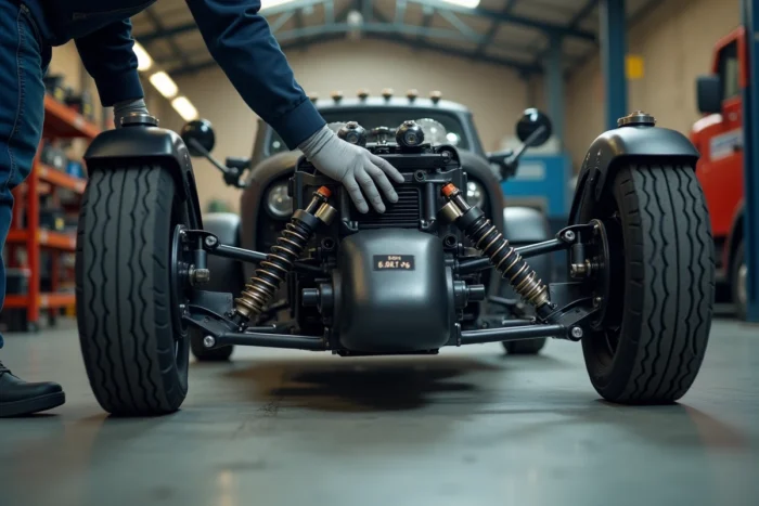 Mécanicien vérifiant le numéro de châssis d'un trike lors d'un contrôle technique en garage agréé en France