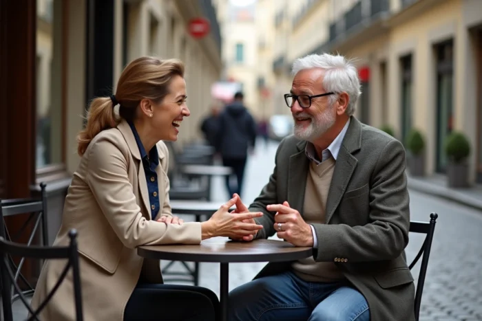 Couple complice attablé dans un café parisien, scène de vie privée authentique et chaleureuse