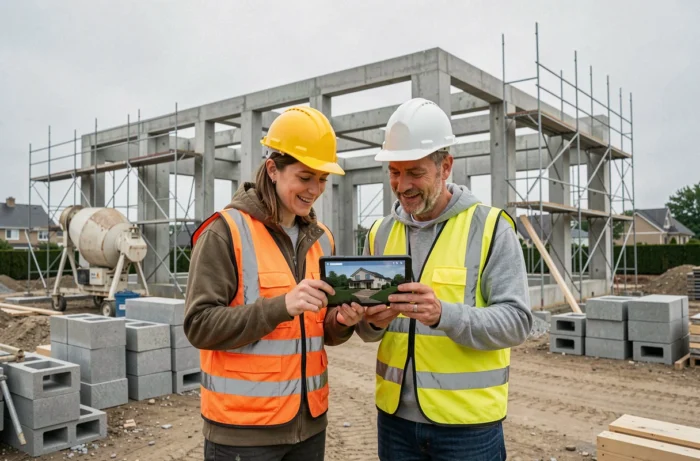 Couple en tenue de chantier consultant un plan 3D sur tablette devant la structure d'une maison en construction