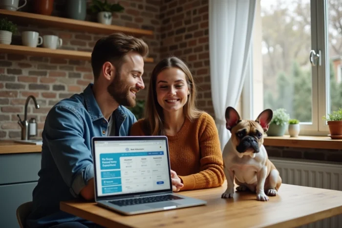 Couple de propriétaires comparant des offres d'assurance santé pour leur bouledogue français sur un ordinateur portable dans une cuisine moderne