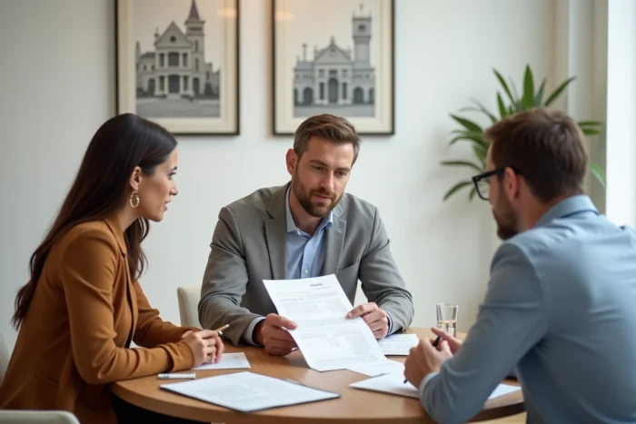 Couple discutant de leur transaction immobilière avec un conseiller autour d'une table de réunion dans une agence immobilière