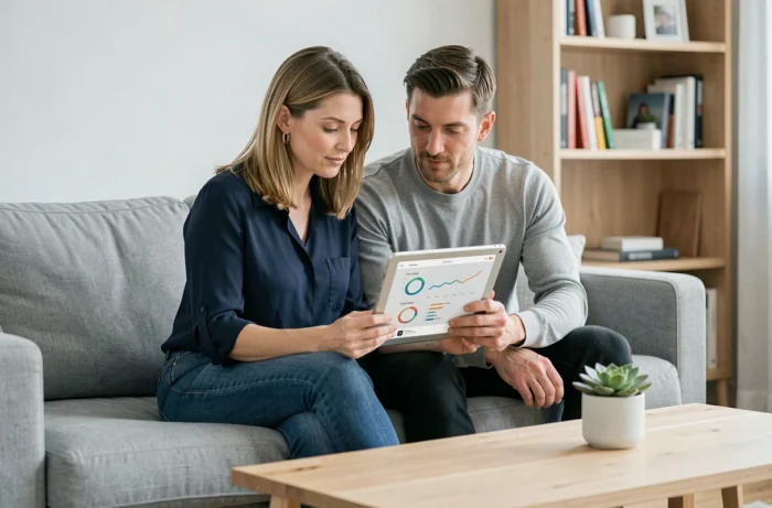 Couple consultant un graphique d'épargne sur tablette dans un salon moderne pour atteindre 50 000 euros