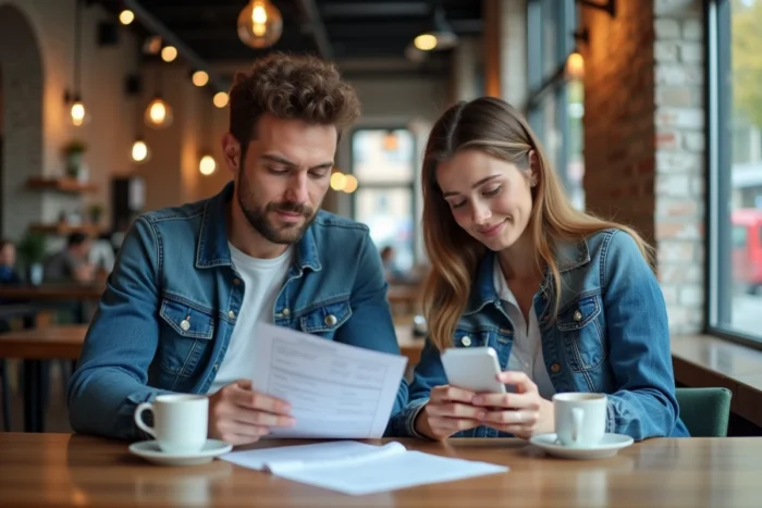 Couple consultant une liste de démarches administratives et un formulaire de visa dans un café avant un voyage