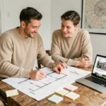 Couple de trentenaires examinant des plans architecturaux pour un projet immobilier dans un appartement parisien