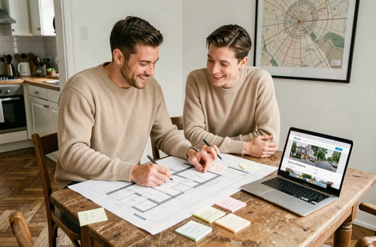 Couple de trentenaires examinant des plans architecturaux pour un projet immobilier dans un appartement parisien
