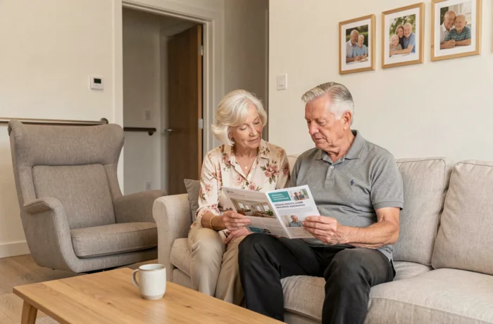 Couple de seniors consultant un catalogue de solutions d'aide à domicile dans un salon adapté et confortable