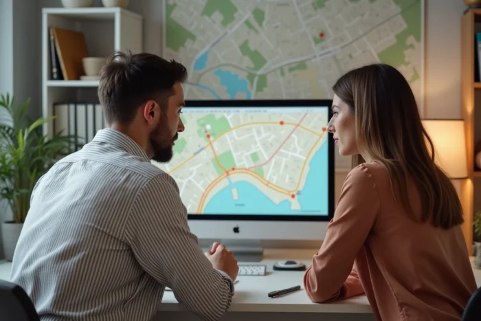 Couple vérifiant ensemble si leur logement est en zone tendue sur un écran de bureau à domicile
