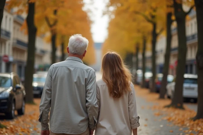 Couple élégant se promenant sur un boulevard parisien en automne, illustrant la vie privée et familiale d'un cadre dirigeant