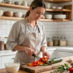Femme préparant des légumes colorés dans une cuisine moderne pour un repas végétarien fait maison