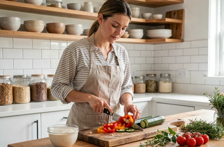 Femme préparant des légumes colorés dans une cuisine moderne pour un repas végétarien fait maison