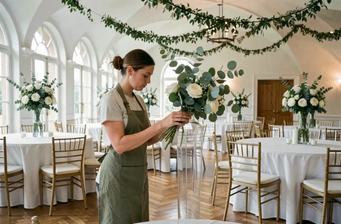 Fleuriste qui prépare les centres de table floraux dans une salle de réception de mariage élégante et décorée