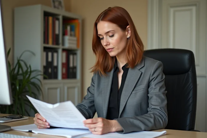 Femme en préfecture française remplissant les documents administratifs pour l'homologation d'un trike
