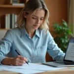 Femme organisant ses documents de voyage et démarches administratives à son bureau à domicile