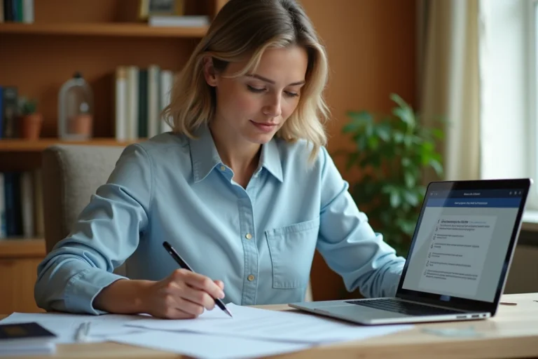 Femme organisant ses documents de voyage et démarches administratives à son bureau à domicile
