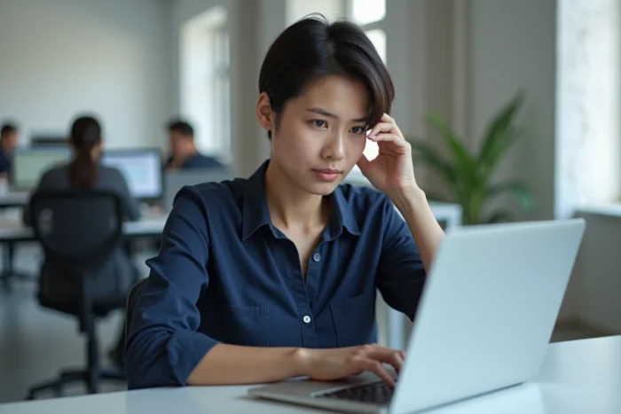 Femme troubleshootant un problème logiciel sur un ordinateur portable dans un espace de coworking moderne