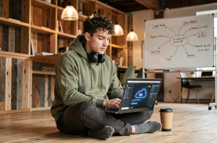 Jeune développeur utilisant le cloud computing dans un espace de coworking tendance en 2024