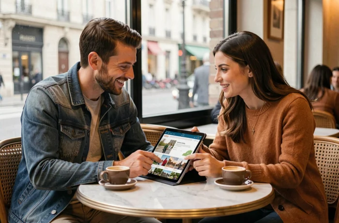 Deux personnes découvrant les événements locaux sur tablette dans un café français