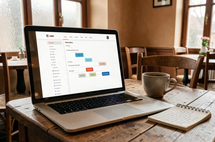 Écran d'ordinateur portable affichant le plan du site d'une commune du Pays de Retz posé sur une table de café rustique