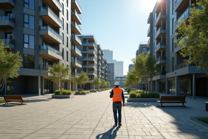 Ingénieur civil inspectant une résidence neuve d'Eiffage Immobilier dans un quartier urbain rénové