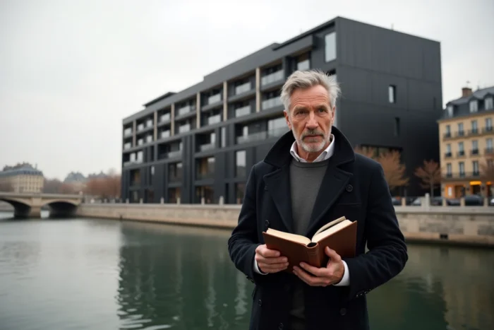 Promoteur devant un immeuble de prestige en zinc noir signé Emerige au bord de la Seine à Paris