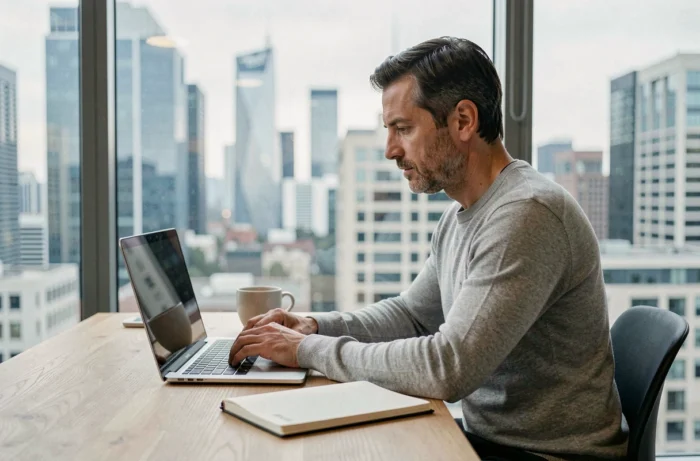 Entrepreneur concentré travaillant sur un ordinateur portable dans un bureau minimaliste avec vue sur la skyline urbaine