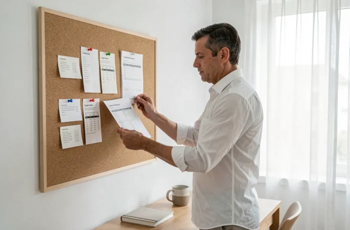 Entrepreneur organisisant des fiches de stratégie de prix et de personas clients sur un tableau en liège dans un bureau minimaliste