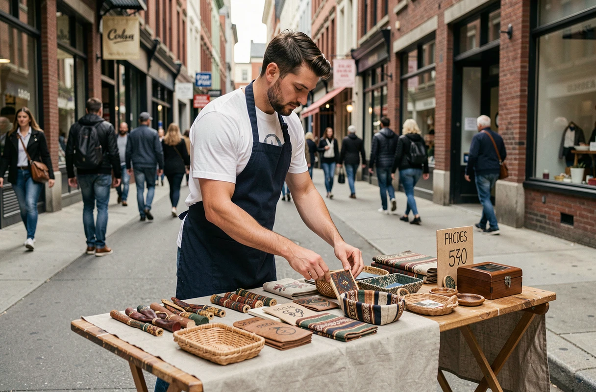Jeune entrepreneur homme gérant un petit stand de marché artisanal avec des produits faits main et une caisse modeste