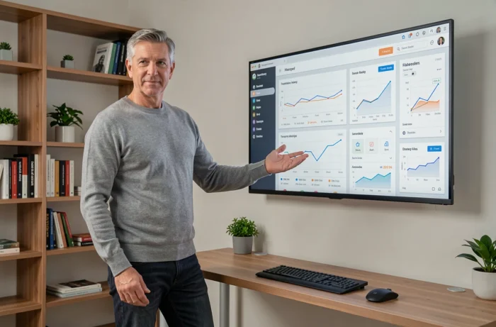 Entrepreneur masculin présentant des tendances e-commerce sur un écran dans un bureau à domicile moderne