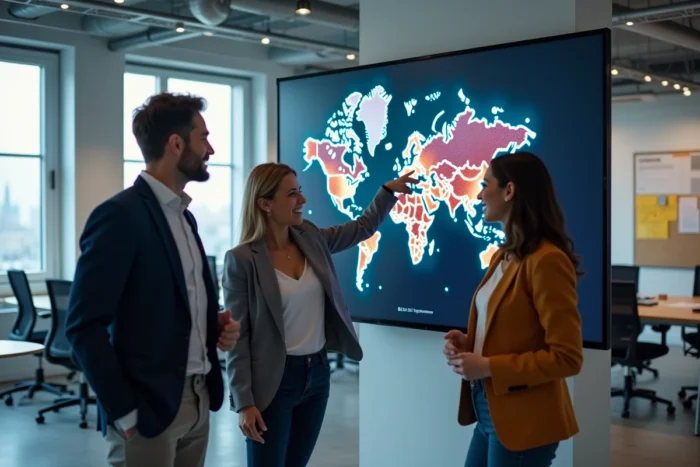 Équipe de professionnels analysant la popularité des sites internet mondiaux sur un grand écran interactif dans un bureau moderne