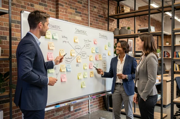 Équipe de professionnels collaborant autour d'un tableau blanc avec des stratégies d'entreprise dans un espace de coworking moderne