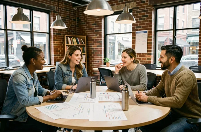Une équipe professionnelle diversifiée collaborant autour d'une table avec des feuilles de route de projet dans un espace de co-working