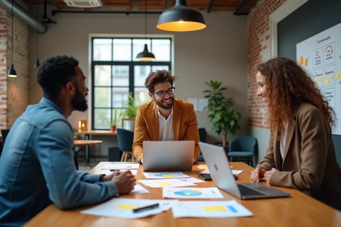 Équipe de professionnels collaborant sur une stratégie marketing digitale autour d'une table dans un espace de coworking moderne