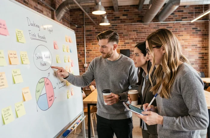 Équipe de professionnels collaborant sur une stratégie d'offre irrésistible autour d'un tableau blanc dans un espace de coworking