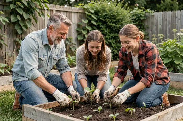 Parents et adolescente jardinent ensemble dans un potager familial, activité de plein air complice et épanouissante