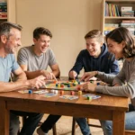 Famille jouant à un jeu de société autour d'une table en bois, entourée de boîtes de jeux en fond, ambiance conviviale et détendue