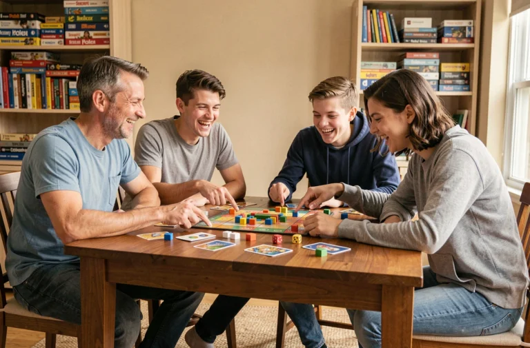 Famille jouant à un jeu de société autour d'une table en bois, entourée de boîtes de jeux en fond, ambiance conviviale et détendue
