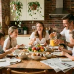 Famille épanouie partageant un petit-déjeuner convivial autour d'une table en bois dans une cuisine chaleureuse