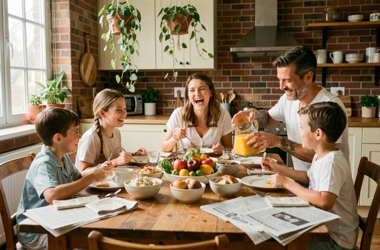 Famille épanouie partageant un petit-déjeuner convivial autour d'une table en bois dans une cuisine chaleureuse