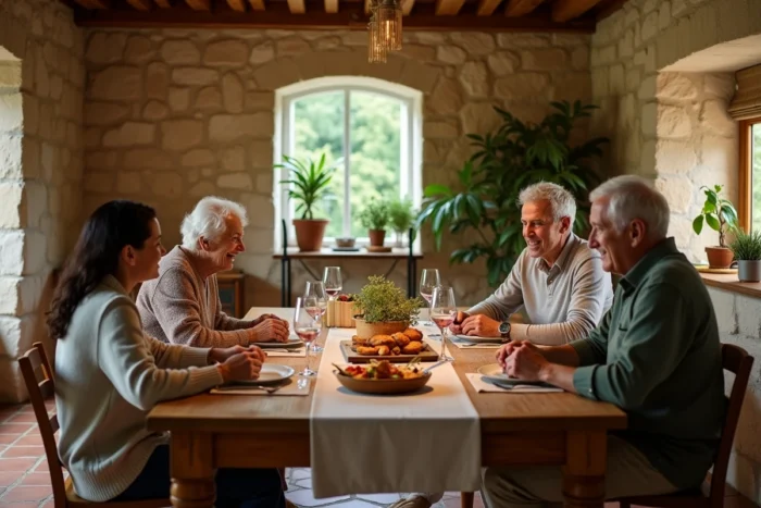 Famille réunie autour d'une table rustique dans une maison de campagne française, évoquant la vie familiale et privée d'un dirigeant