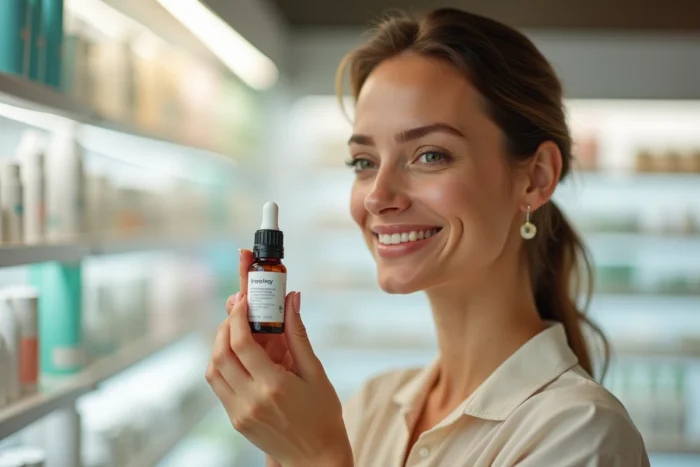 Femme lisant l'étiquette d'un produit Typology dans un rayon de parapharmacie