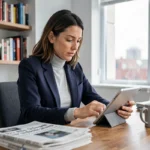 Femme consultant l'actualité de la semaine sur une tablette dans un bureau moderne